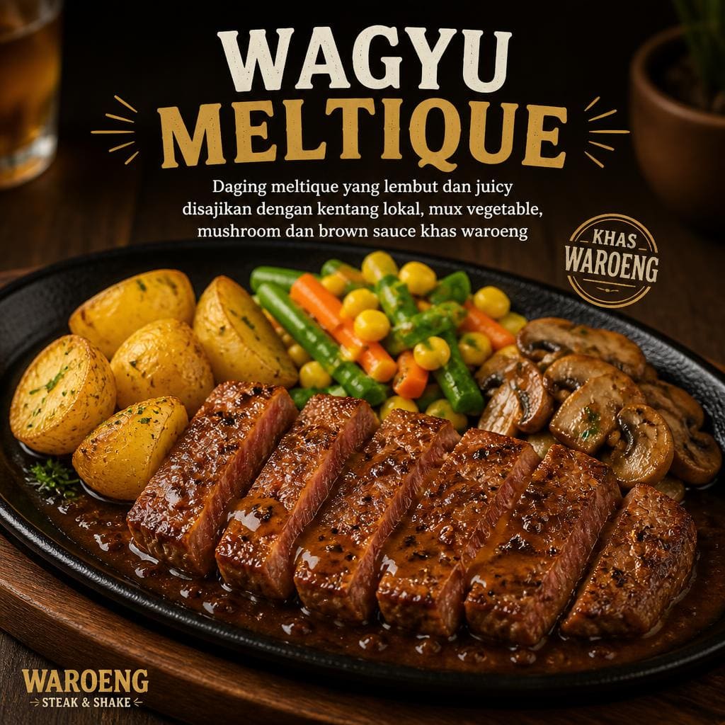 Wagyu Meltique dengan daging meltique lembut, juicy, kentang, dan mix vegetable